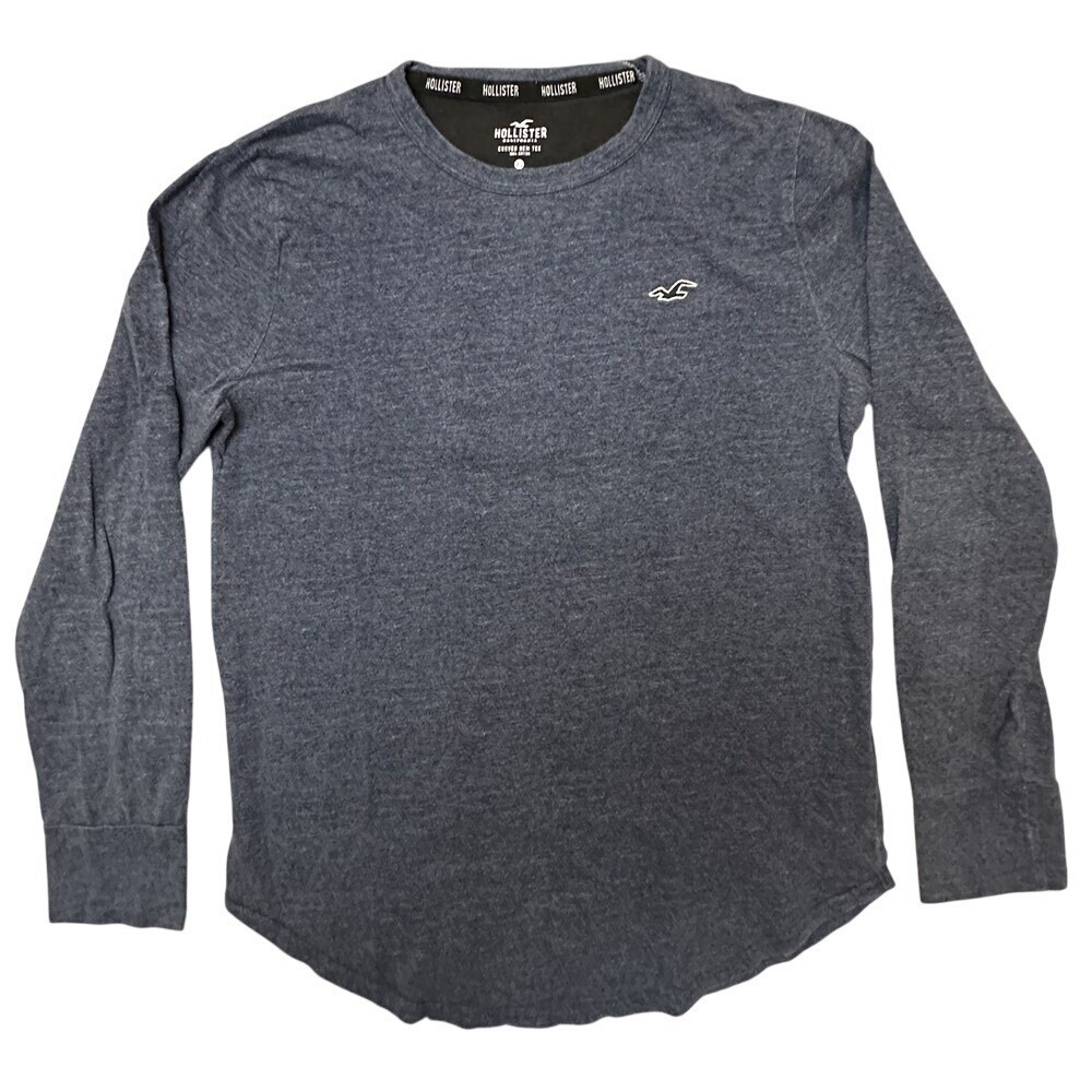 Hollister Curved Hem Tee Mens XS Blue Long Sleeve Cotton Logo Crew Neck Shirt